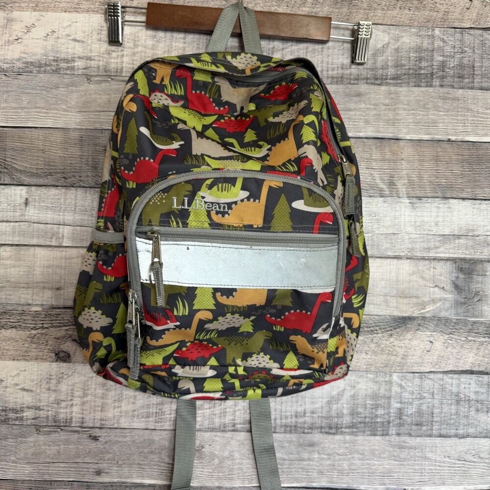 LL Bean Youth Kids Dinosaur Backpack Green Red Grey Bag 15x11”